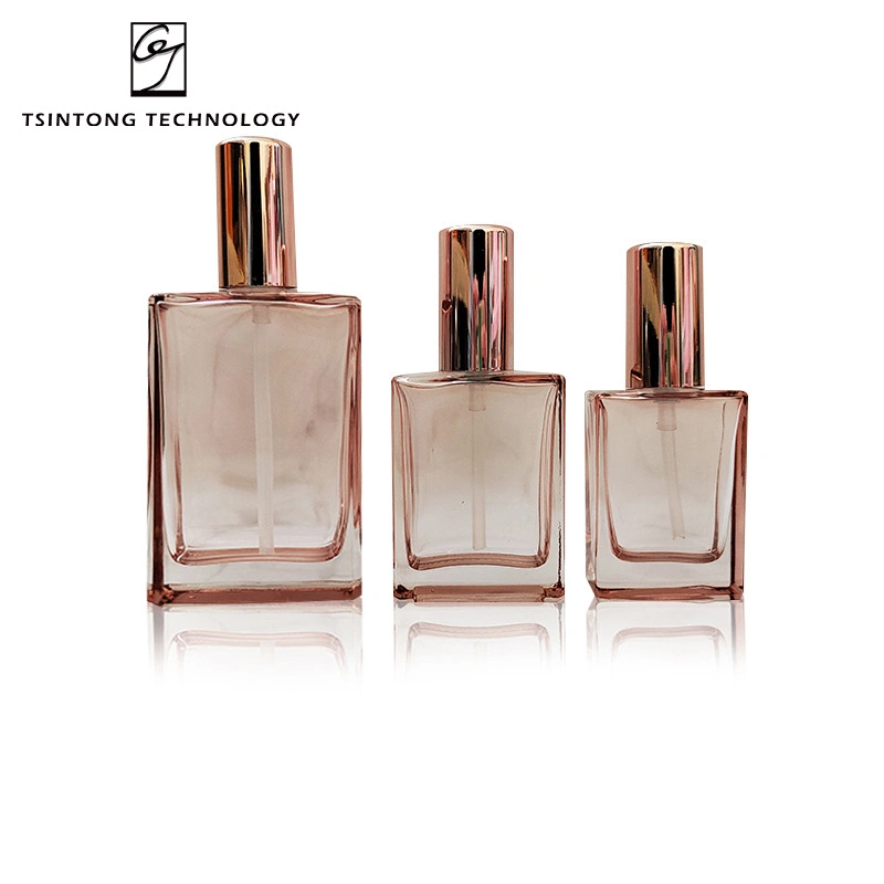 Luxury Press Pump Square Glass Bottle Lotion Bottle Clear Airlless Cosmetic Bottle Rose Gold 30ml 50ml 100ml Skin Care Packaging