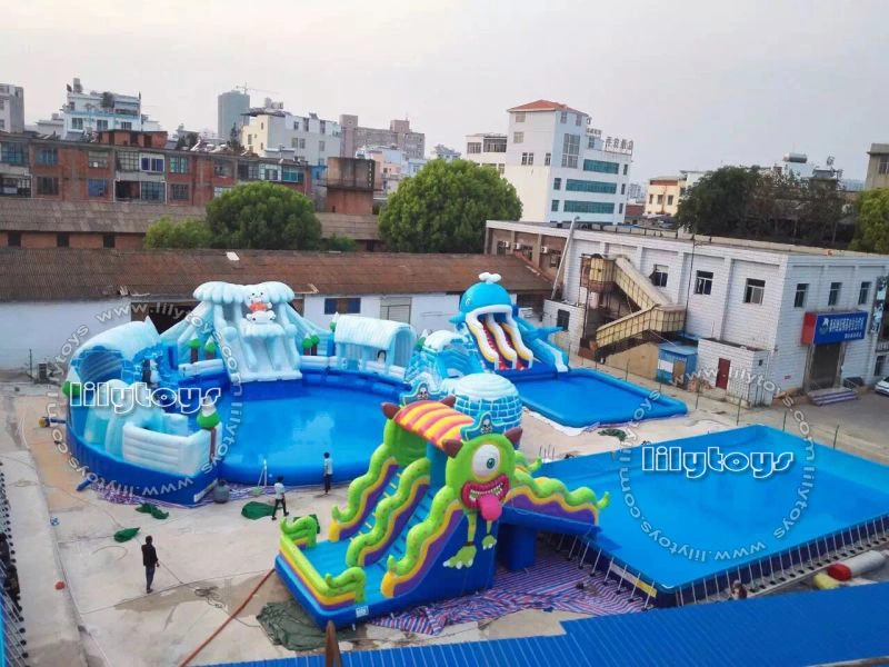 Utiliza el parque de atracciones comerciales piscina inflable con tobogán de agua para la venta