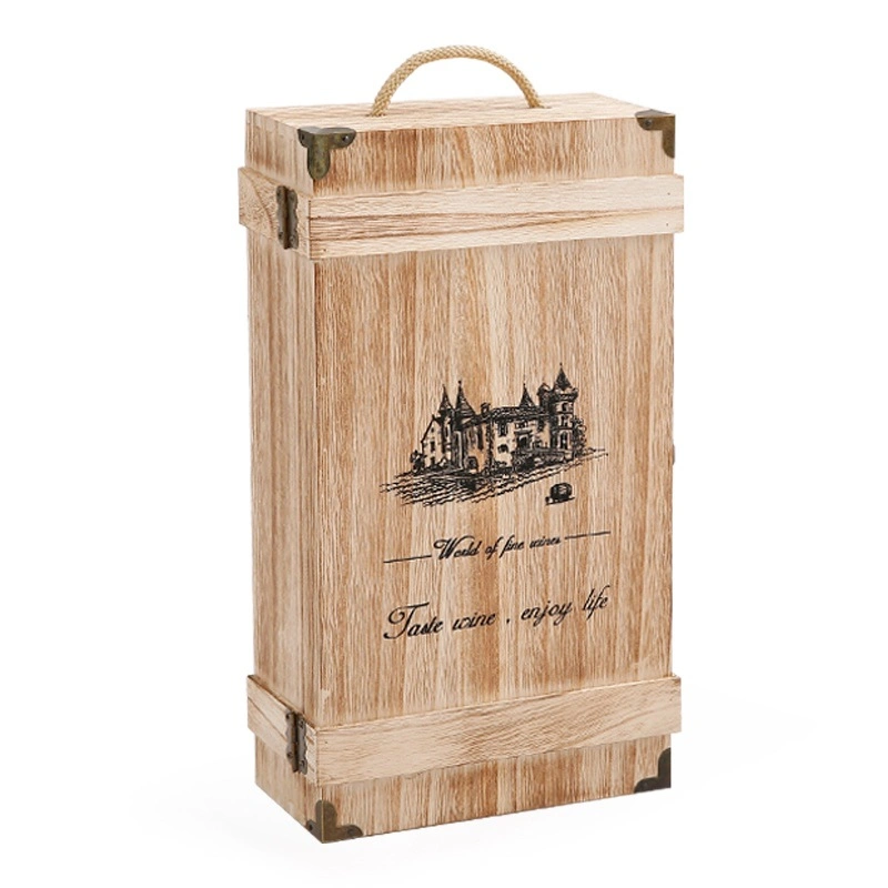 Caja de botellas de vino de madera sólida con mango de diseño hueco