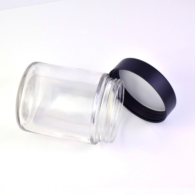 18 Oz Transparent Child Resistant Glass Jars with Black Cap for 1 Ounce Dry Flower with PE Liner to Create an Optimum Seal