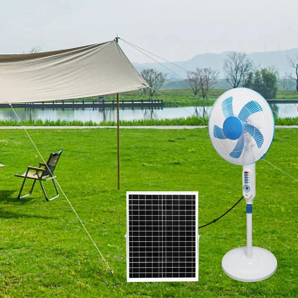 16 Inches Solar Power Energy Recharegable Boat Solar System Wind Fan with Solar Panel and Battery Remote Control 5m Electric Cable Standing Fan