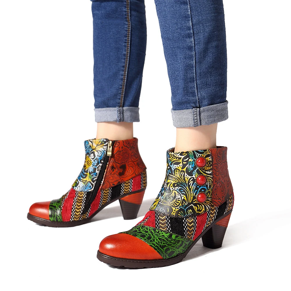 Lady&prime; S Embossed Handmade Leather Footwear Women Floral Pattern Bohemian Vintage Colorful Boots