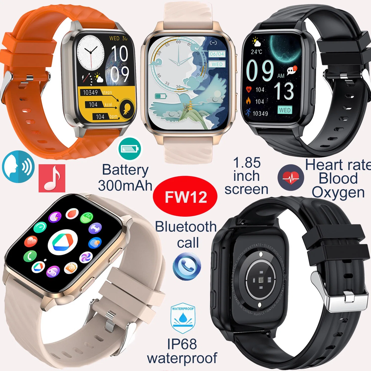 Colorful touch screen Smart watch with Blood glucose Heart rate for health monitoring FW12