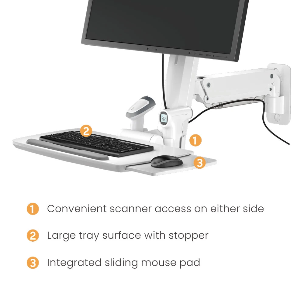 Suporte de parede para estação de trabalho médica montada na parede com braço de monitor de mola a gás único para ficar em pé, estação de computador com bandeja de teclado.