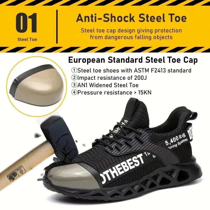 Men's Work Safety Shoes, Puncture Proof Anti-Skid Steel Toe Outdoor Work Shoes, Rubber Sole Breathable Industrial Construction Shoes
