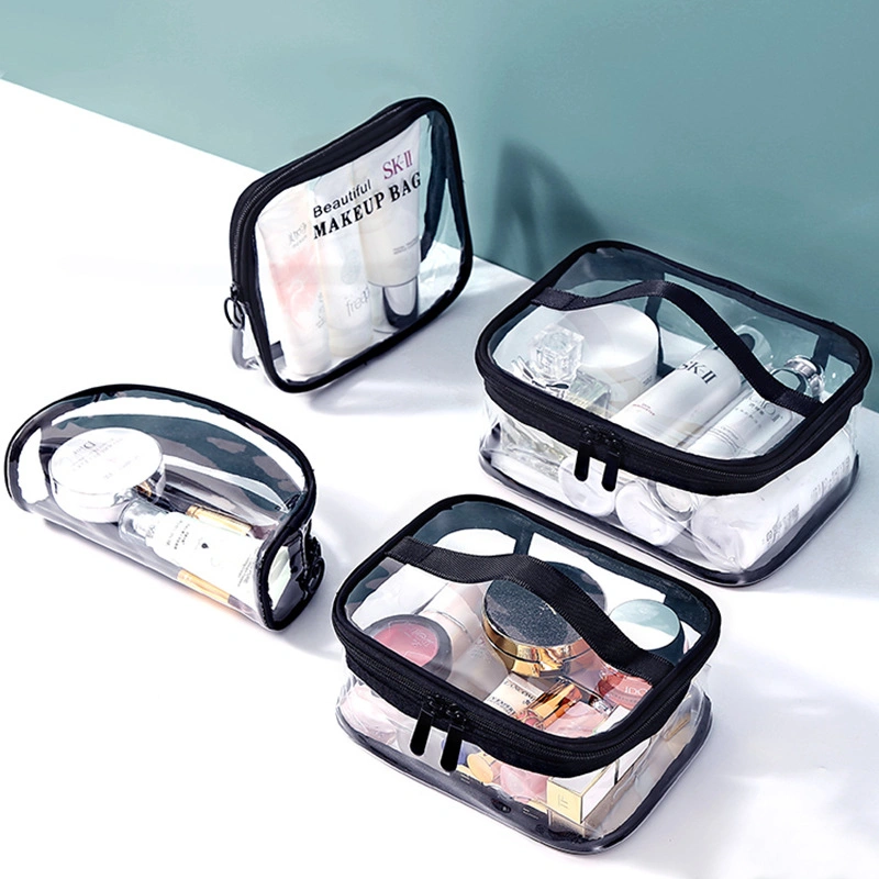 Wholesale OEM Cheap Portable Clear PVC Makeup Bag Zipper Waterproof Transparent Travel Storage Pouch Cosmetic Toiletry Bag with Handle