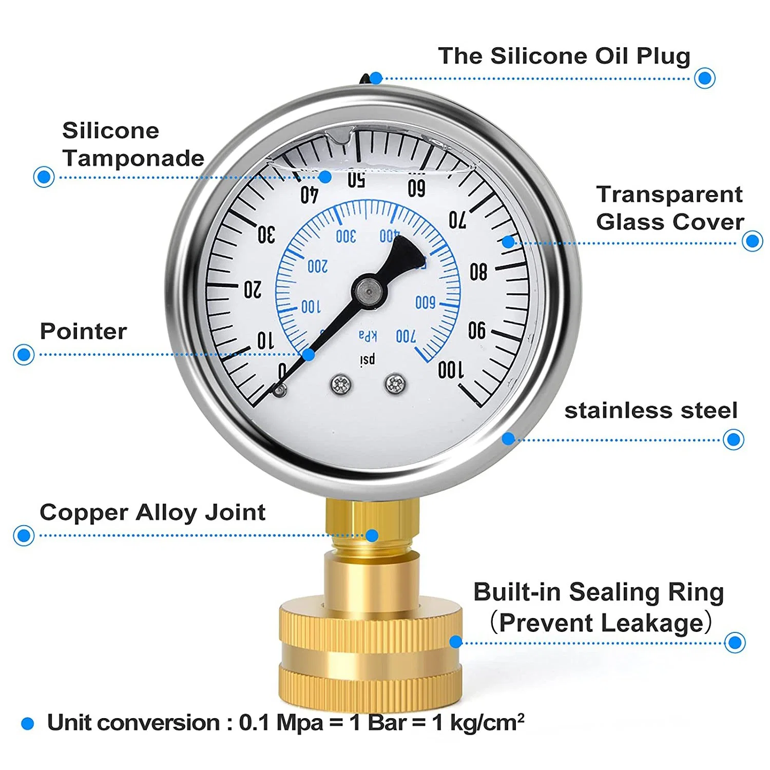 63mm Home Oil Water Pressure Test Gauge with Max Pointer, 0-100 Psi, 3/4" Female Garden Hose Thread, Hose Bib Gauge 0~160psi 0~200psi Stainless Steel Frame