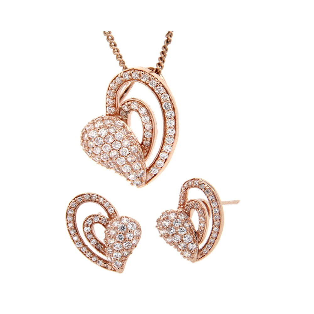 Moda de moda Plata 925 CZ Diamond Heart Forma Pendientes y Collar Conjunto de joyas