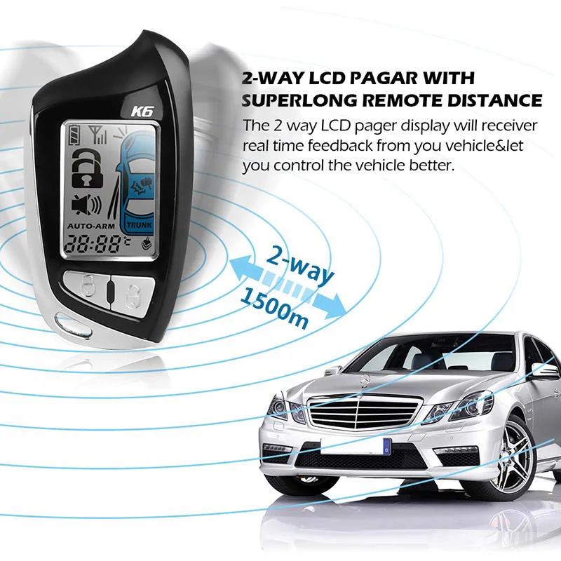 نظام أمان للسيارات عالي التكنولوجيا يتضمن شاشة LCD للتجسس عن بُعد بمسافة 5000 متر وجهاز استقبال ثنائي الاتجاه وبدء تشغيل المحرك عن بُعد وجهاز إنذار للسيارة وأجهزة استشعار.