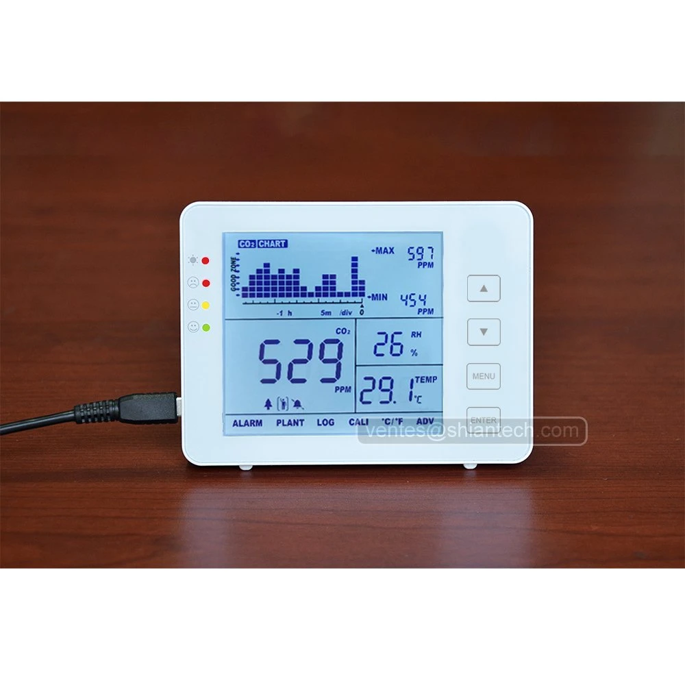 La calidad del aire Detector de dióxido de carbono CO2 de escritorio con monitor de 5000ppm para grabador de datos de los hospitales, escuelas, granjas, Home