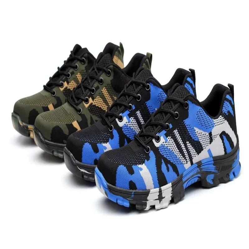 Camouflage Breathable Fly Knit Cloth Industrial Steel Toe Carbon Fiber Insole Light Weight Men Work Safety Shoes