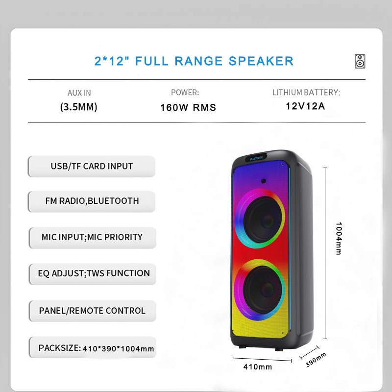 Audio Dual 12 Inch Bass Speaker Portable Bluetooth Speaker with LED