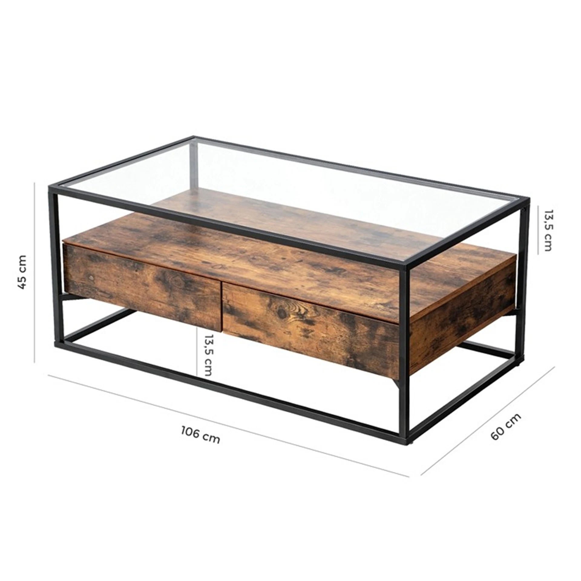 Customized Glass Coffee Table with 2 Drawers Tempered Glass Top with Storage Shelf