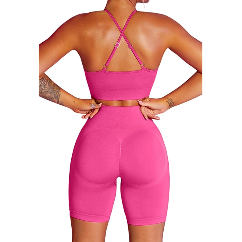 New Fashion Seamless Butt Lift Workout Apparel for Women, 2 Piece Cute Shorts Set Sexy Exercise Yoga Sports Bra High Waist Biker Shorts Summer Running Outfits