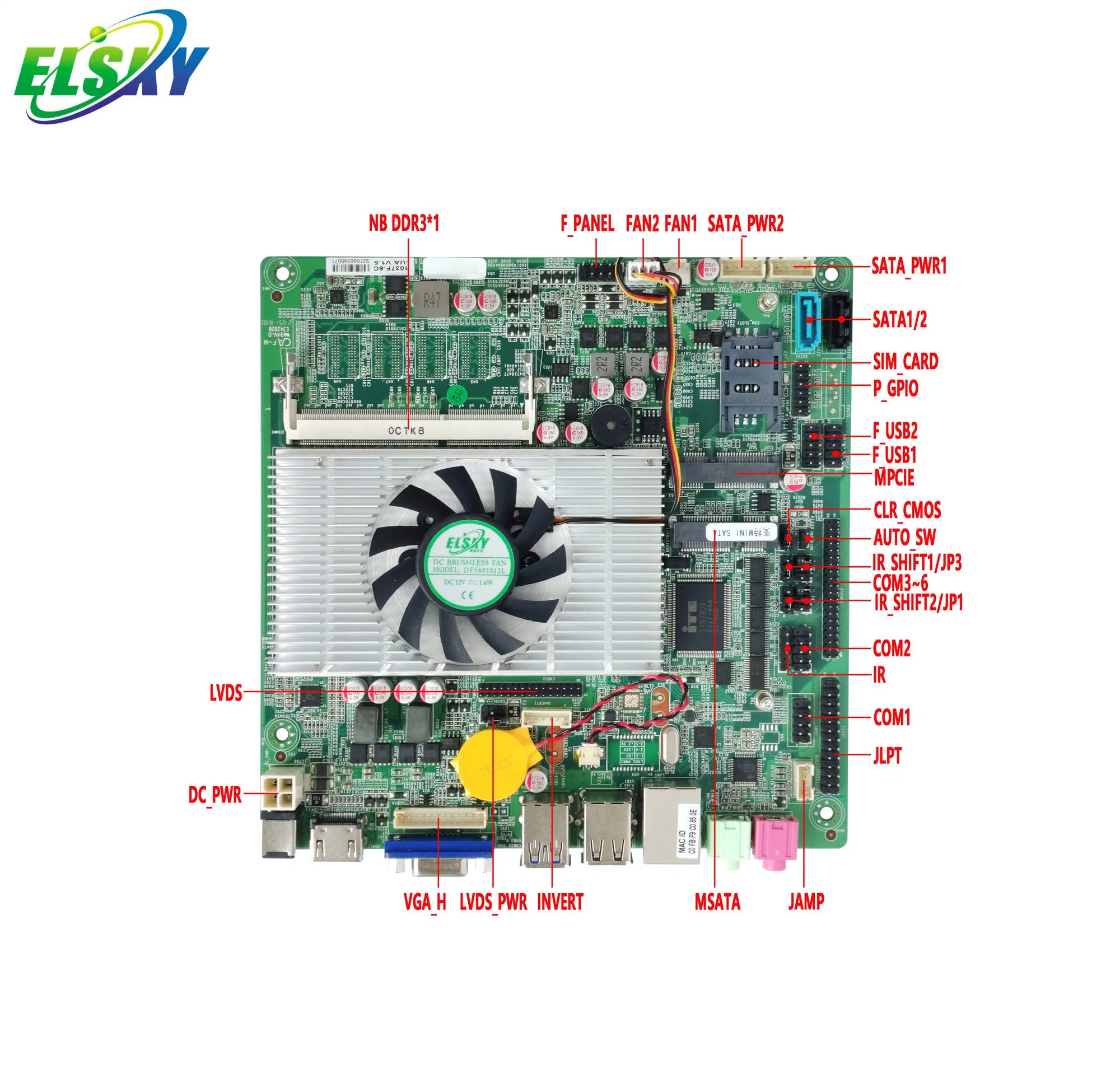 Placa base Elsky Mini ITX 1037f Dual Cores DDR3 placa 1,8GHz 2117u DC 12V SATA2,0 mSATA LVDS 2*RS232 COM para uso industrial