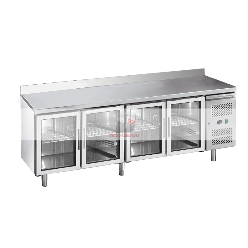 Stainless Steel Commercial Kitchen Equipment 4 Glass Door Chiller Gn Counter with Backsplash