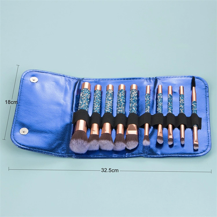 10 PC Custome Make up Brushes Glitter 2023 Face Blue Bling Rhinestone Makeup Brushes Set with Bag