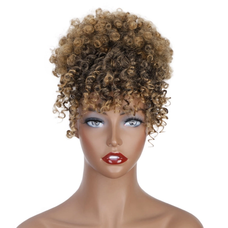 New Design Short Kinky Curly Fluffy Elastic Synthetic Hairpiece with Bangs