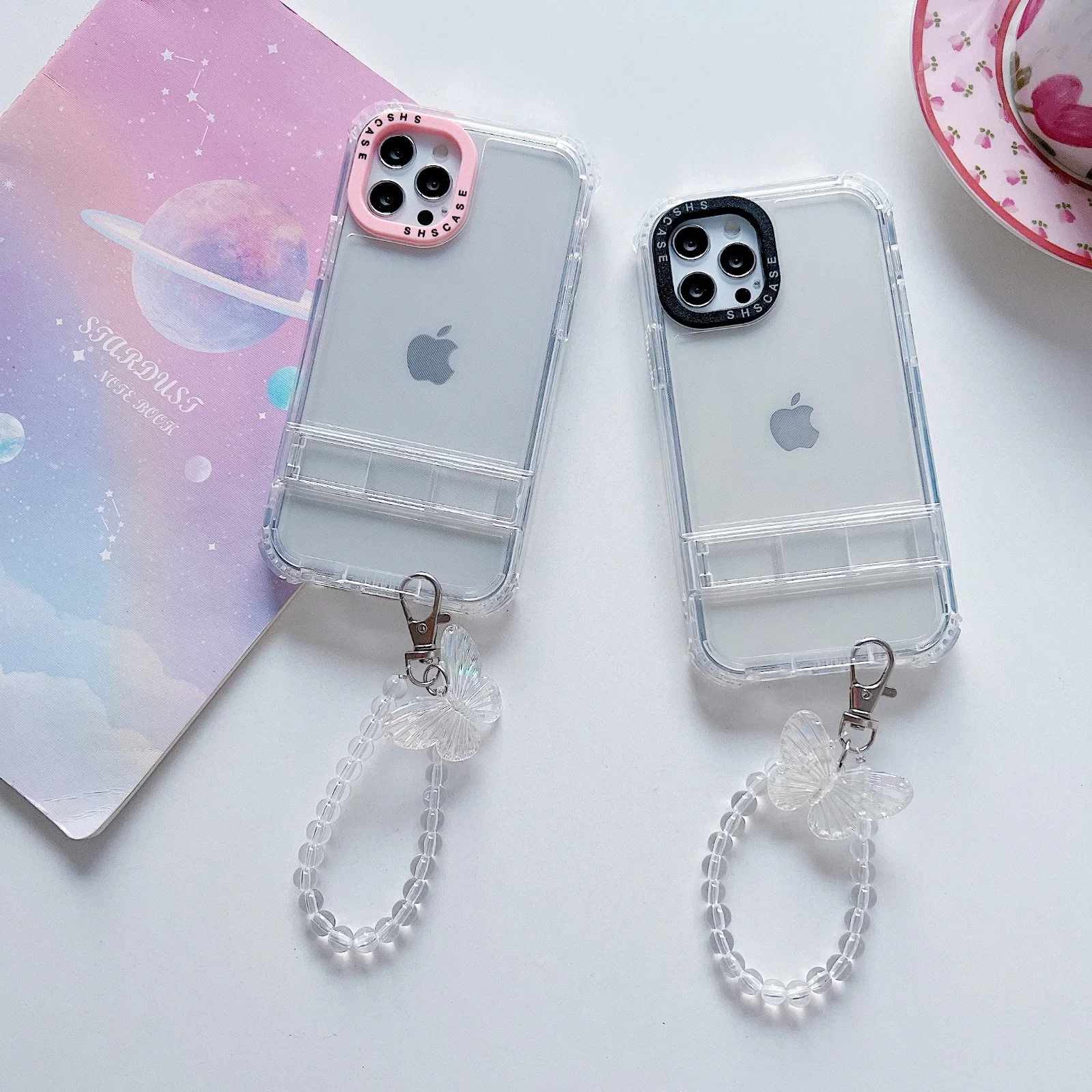 Colorful Camera Frame Clear Transparent Case for iPhone 15 with Butterfly Keychain