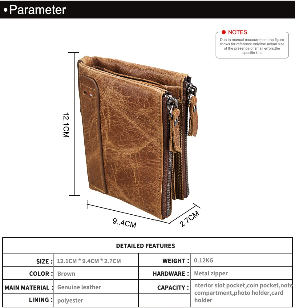 Fashion Cow Leather Wallet for Men RFID Anti-Theft Leather Short Men's Ticket Wallet Double Zipper Coin Purse
