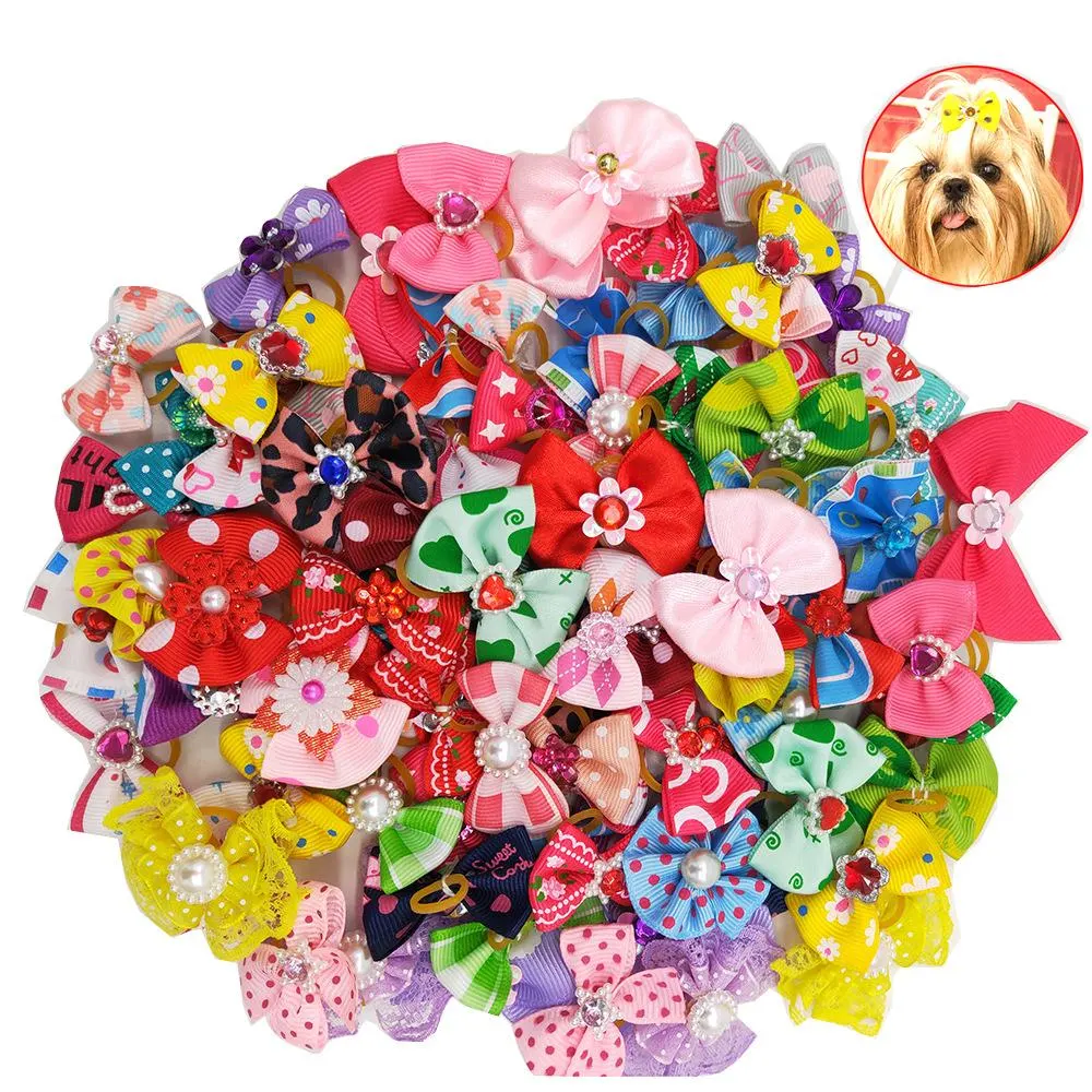 Cute Puppy Pet Grooming Products Handmade Pet Hair Accessories Bow Dog Bowknot Hair Bows with Clips Rubber Bands