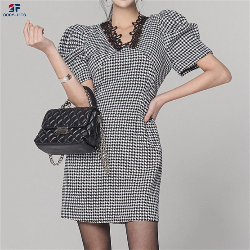 Ropa de mujeres de la primavera de Corea Slim con cuello en V de encaje cosido de moda vestidos de cintura Houndstooth