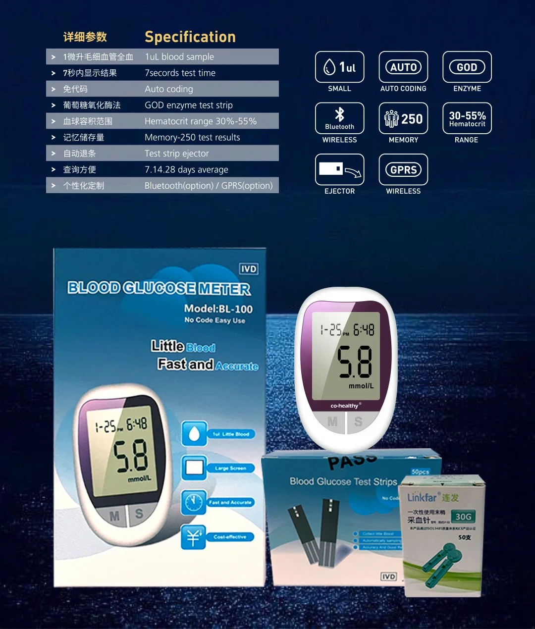 Medidor de glicose da Máquina de Teste Inicial Glucometer com tiras de Teste sangue Metro