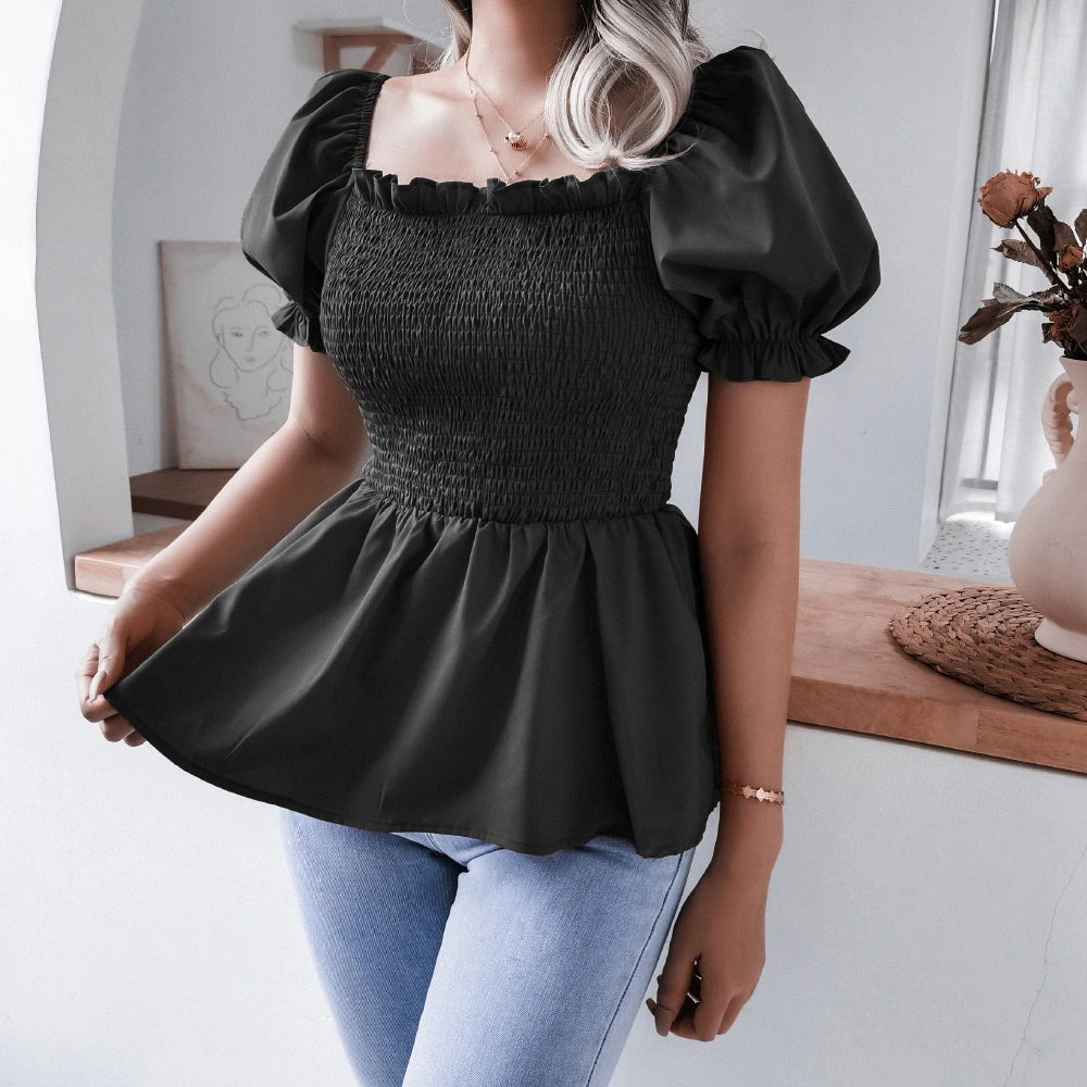 Fashion Lantern Sleeve Hem Ruffled Chiffon Shirt Top