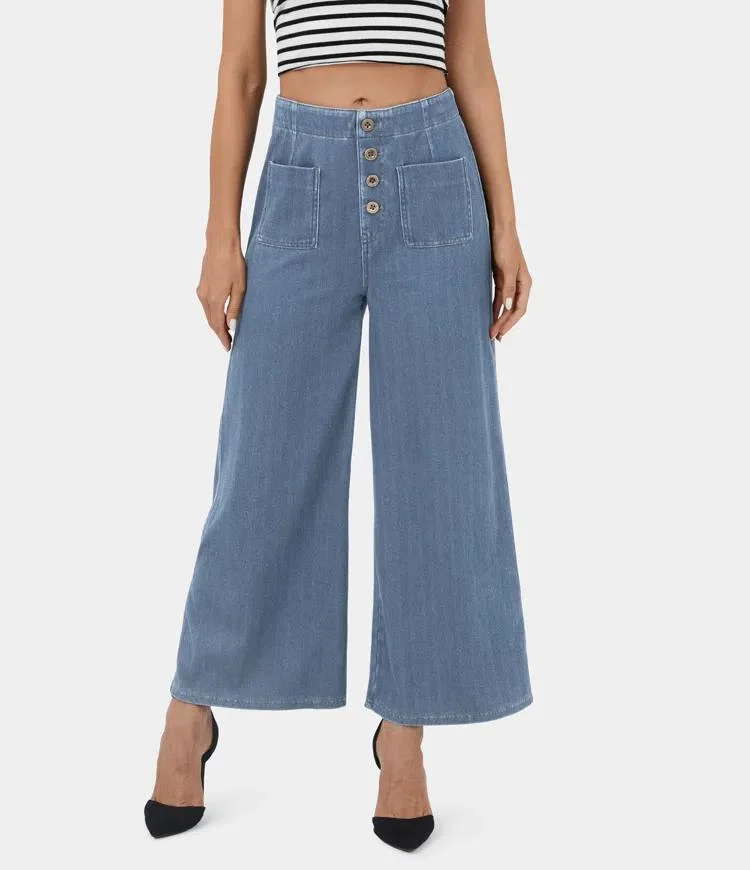 Jeans High Waisted Button Pockets Washed Stretchy Knit Denim Casual Wide Leg Pants