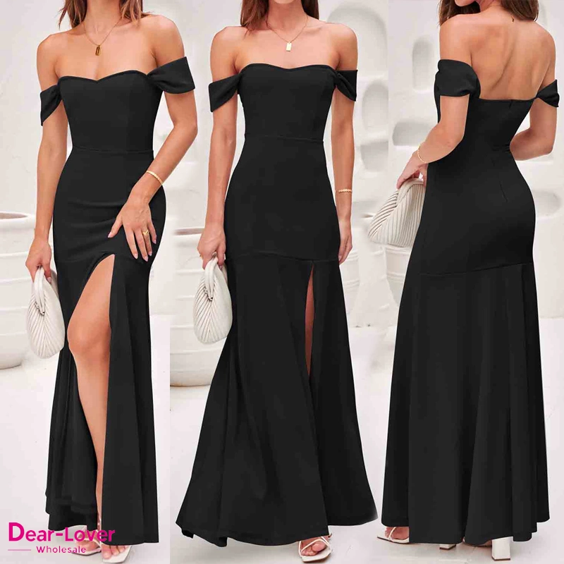 Dear-Lover China Wholesale/Supplier Clothing Black Thigh High Split Sheath off Shoulder Vintage Cocktail Bodycon Evening Party Women Sexy Club Fashion Women Dress