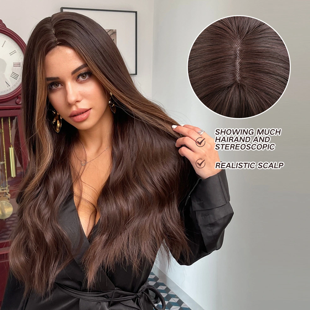 26inch Long Wavy Synthetic Wigs Ombre Brown Middle Part Human Hair Wig for Brazilian Curly Hair Women