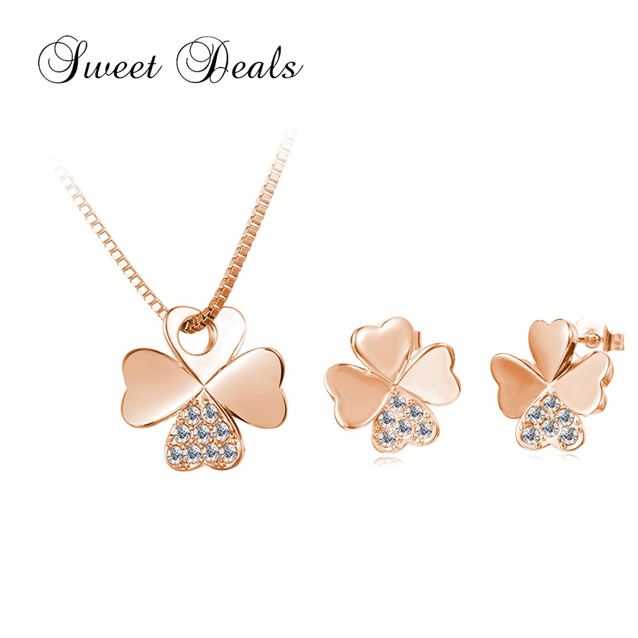 Four Leaf Clover Earrings Necklace Set Fashion Sliver Jewelry