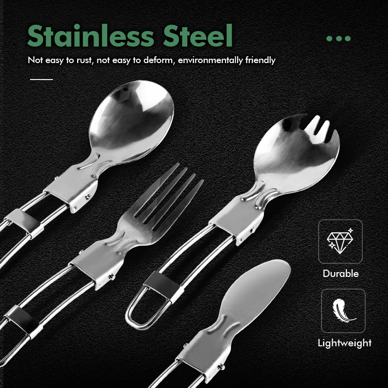 Outdoor 4PCS Stainless Steel Spoon Fork Knife Foldable Cutlery Set Reusable Flatware Set