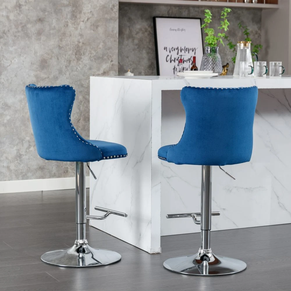 Bar Stools Set of 2 with Adjustable Modern Bar Stool Chairs, Velvet, Blue