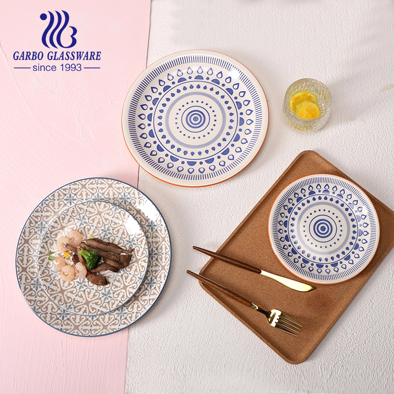 Factory Hand-Painting Stoneware Ceramic Flat Plate Salad Dessert Plate with Full Pattern Decoration Customized Pattern Design for Dinner Hotel Restaurant