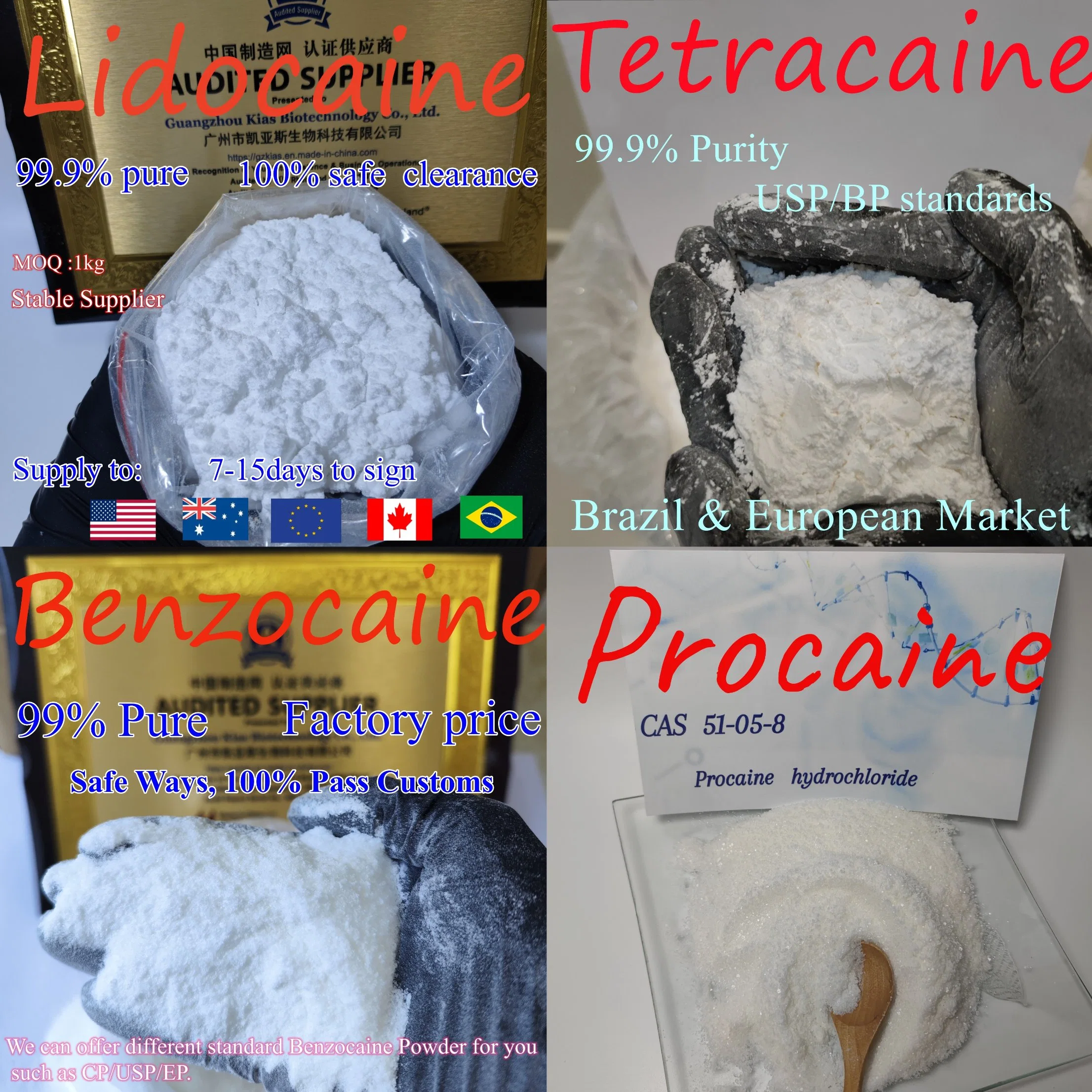 Poudre brute d'anesthésique local Lidocaïne Hydrochloride/Lidocaïne Base Tétracaïne Benzocaïne Poudre de procaïne USP/Ep/Cp CAS 73-78-9 avec le meilleur prix