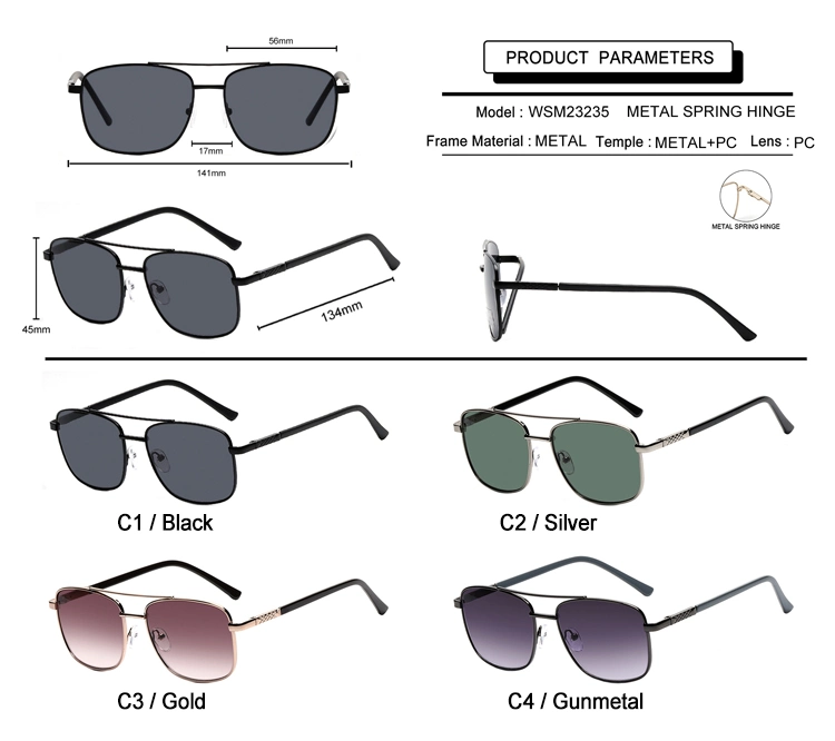 Gafas de sol con montura cuadrada estilo piloto Nuevo resorte metálico flexible y moderno Gafas de sol con bisagras