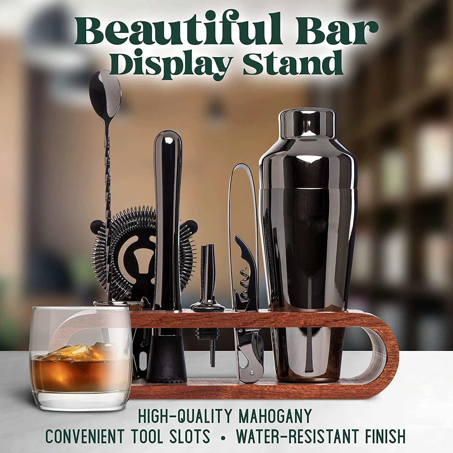 Hot Professional Barware Tools Wooden Stand Travel Gift Stainless Steel Bartender Kit Bar Accessories Jigger Cocktail Shaker Set