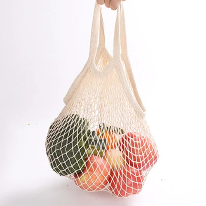 Natural Beige Portable Reusable Market Laundry Grocery Cotton Mesh Tote Shopping Bag with Handle