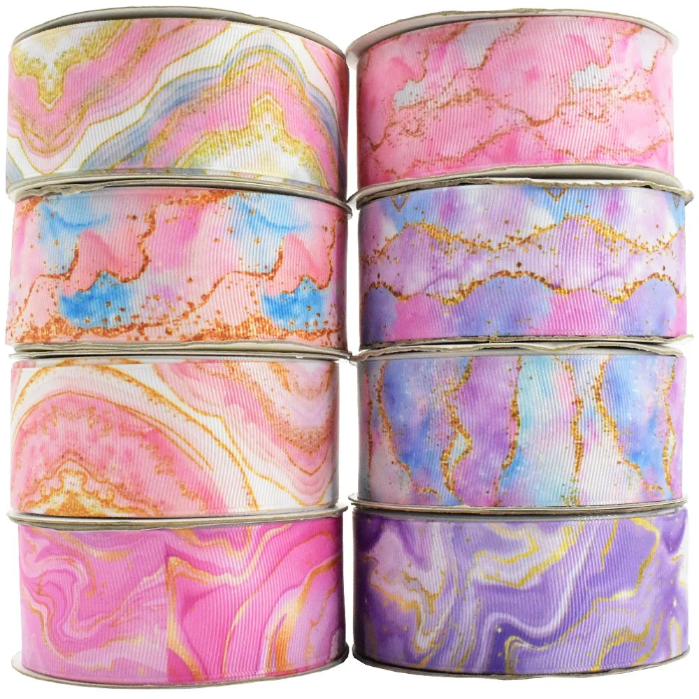 Wholesale Marble Printed Ribbon Gift Wrapping Decorative Polyester Roll Marbling Rainbow Ribbon for Gift Cake Flower Marble Printed Ribbon