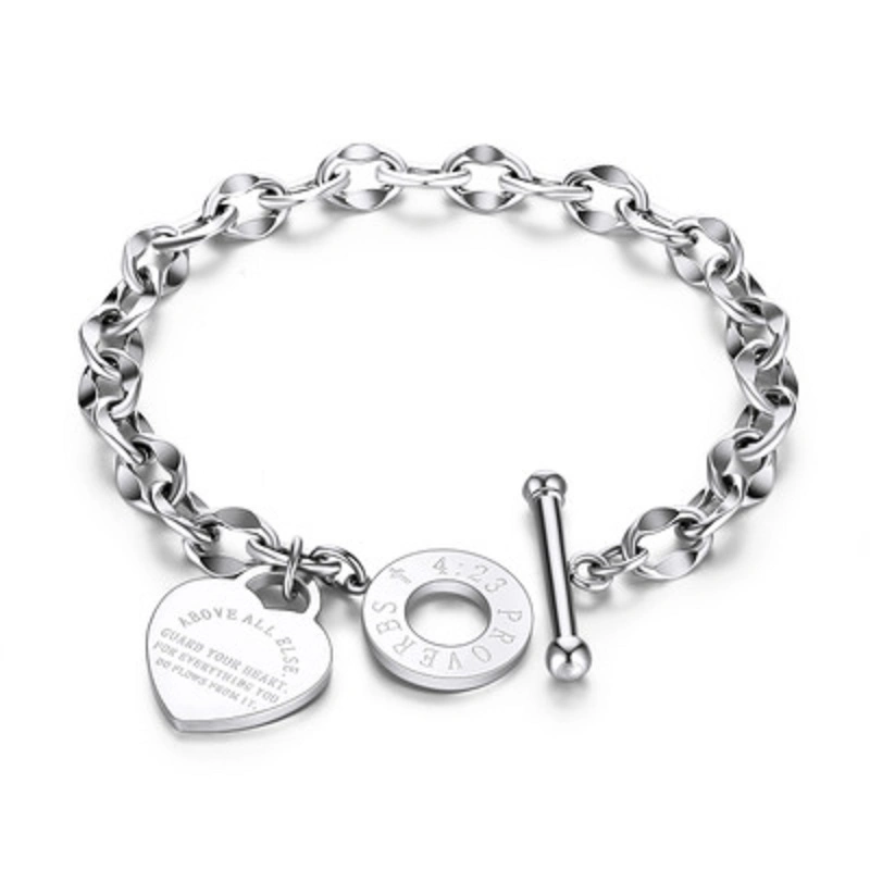 Bible Verse Prayer Proverbs 4: 23 Bracelet Love Stainless Steel Link Chain with Heart Charms Bracelet for Women Esg13384