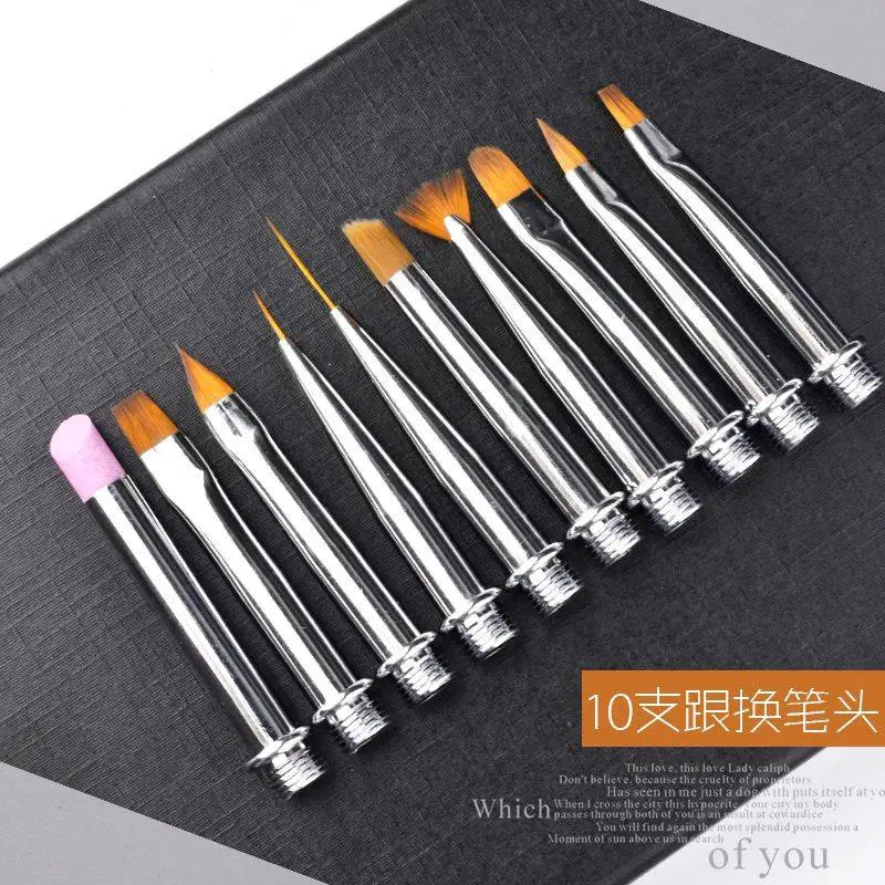 Gold and Silver Rose Crystal Nail Brush Set Replacement Head 1 Handle + 10 Nail Brush Head Painting Nail Brush Set