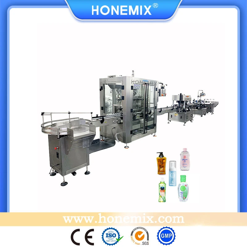 Hone 6 Nozzles Fully Automatic Piston Filling Line/ Cosmetic Foam Facial Soap Bottle Filling Capping Labeling Machine with Turntable