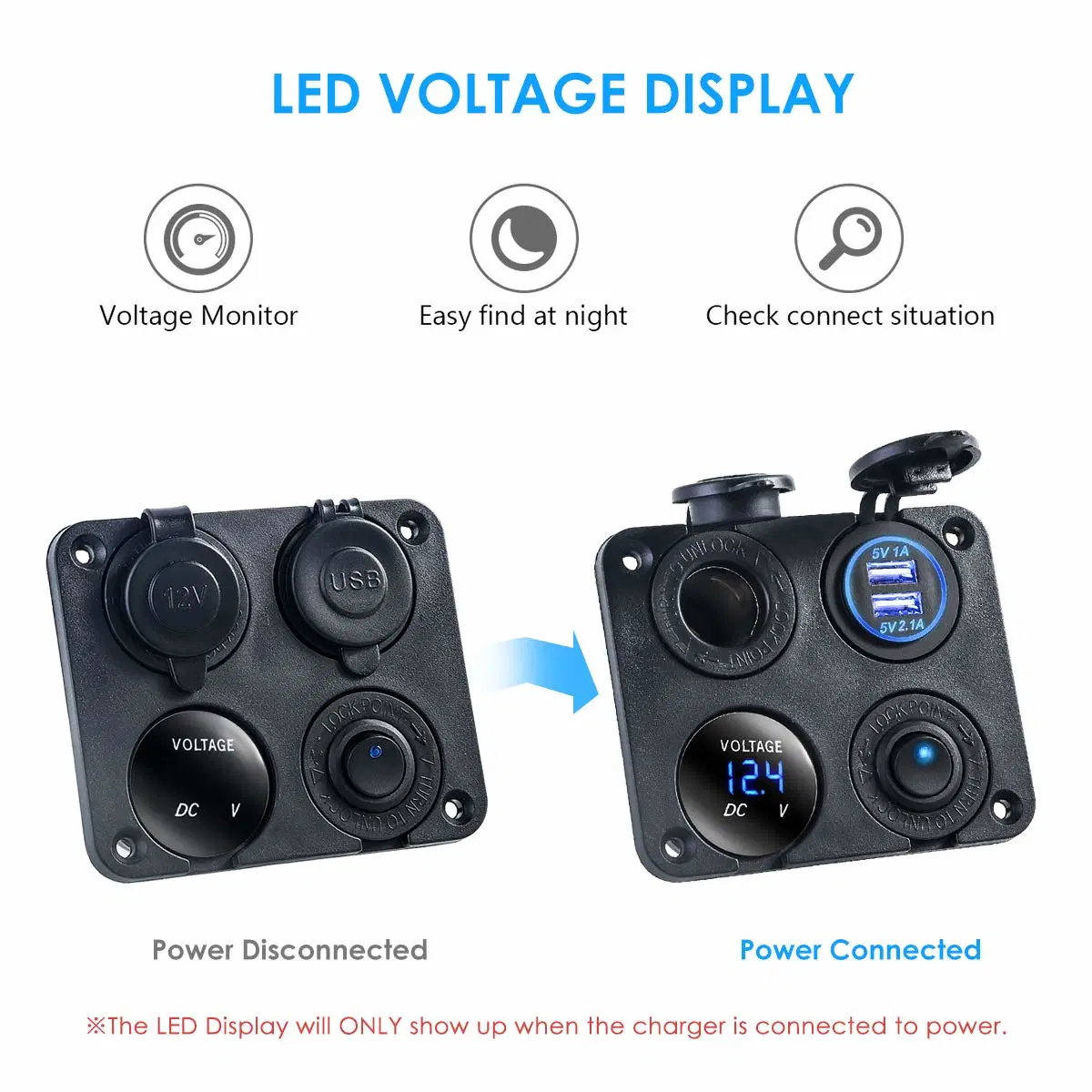 Dual USB Charger Switch Panel 12V Cigarette Lighter Power Socket & LED Voltmeter and on-off Buttom Switch for Marine Boat Car RV Truck Camper Vehicles