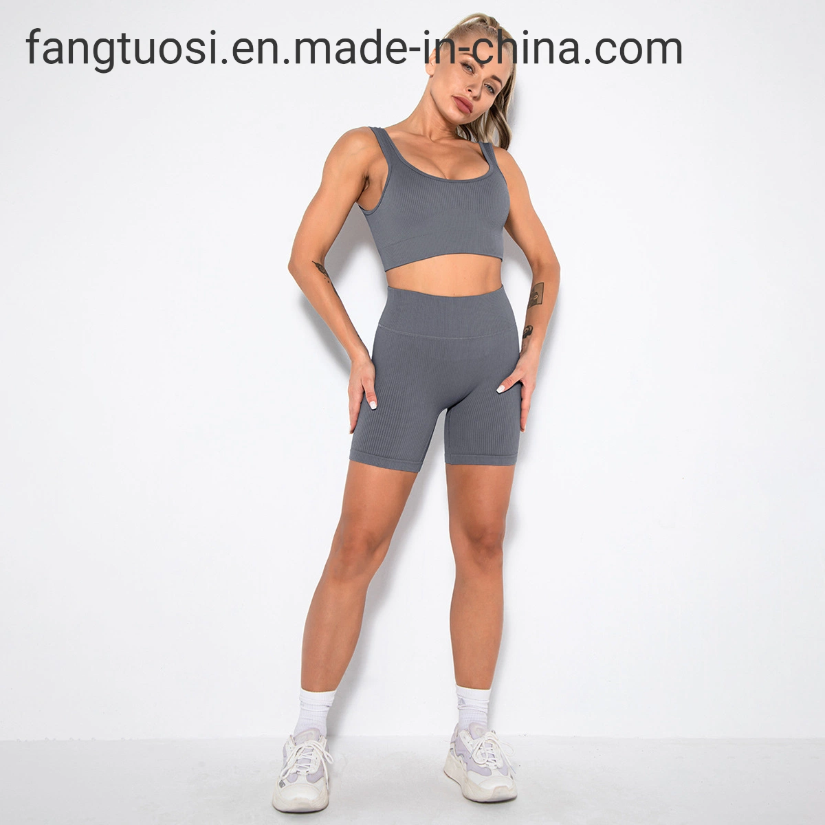 Ensemble de soutien-gorge de sport pour femmes, vêtements de fitness sexy côtelés pour la salle de sport, tenues de yoga taille haute, vêtements de sport athlétiques, ensemble de shorts de cycliste de yoga.