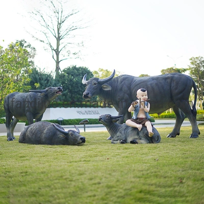 Simulated Shepherd Boy Riding Buffalo Sculpture Ornaments Cattle Outdoor Garden Landscape Farming Decoration Large Fake Animal Model