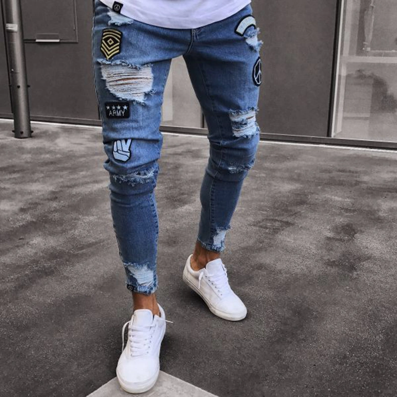 New Jeans Men's Hot Cross-Border Denim Knee Rips Zipper Trousers Zipper Men's Denim Pants