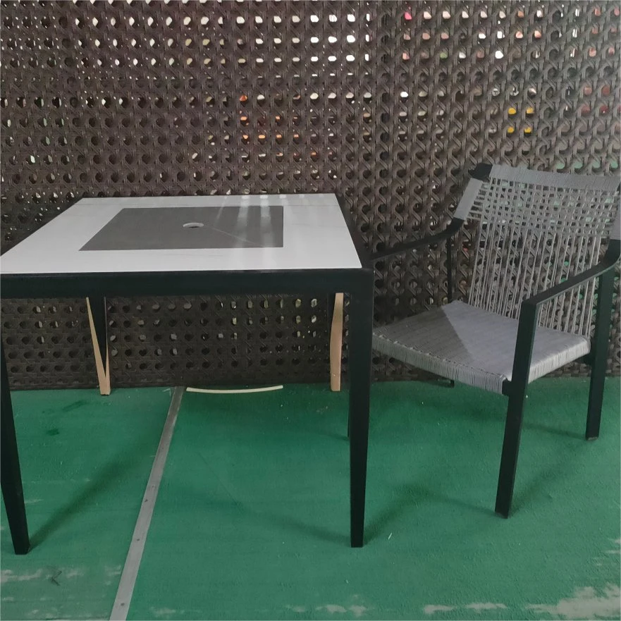 Guangdong Manufacturer Furniture Factory Outdoor Indoor Stackable Modern Commercial Restaurant Hotel Aluminum Outdoor Rope Dining Chair and Stone Top Table