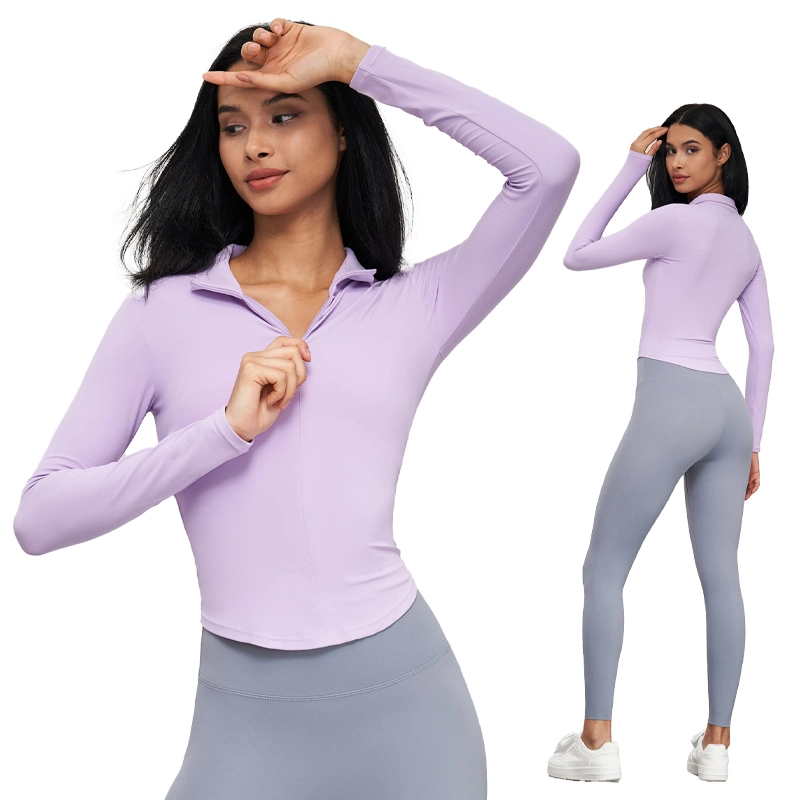 Nova gola com fecho até meio blusão de ioga para mulher SKINTIGHT Blazer Cintura Slimming Fitness Wear mangas compridas