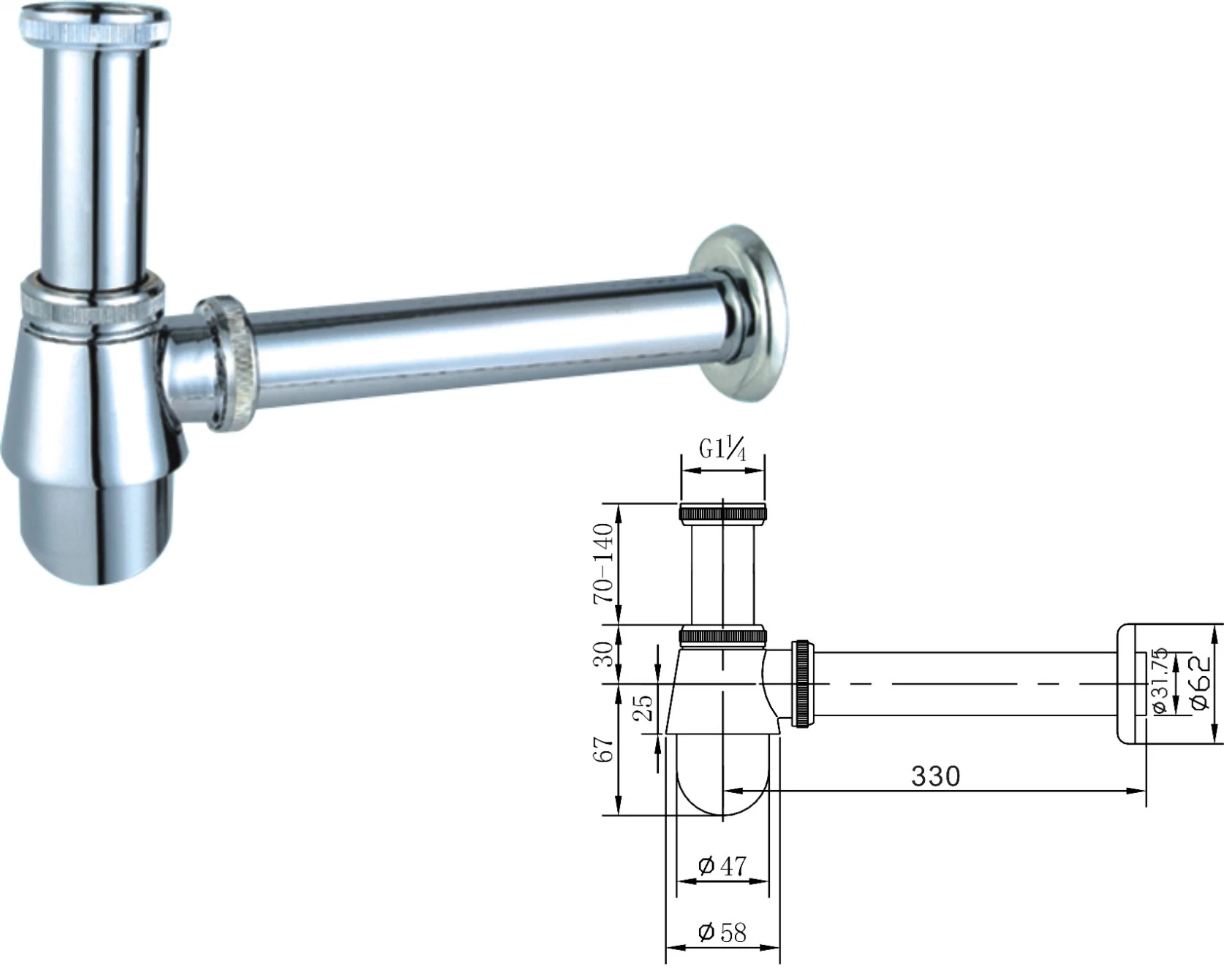 High quality/High cost performance  Bathroom Brass G 1 7/8&prime; &prime; Size Chrome Plated Wash Basin Waste P Bottle Trap